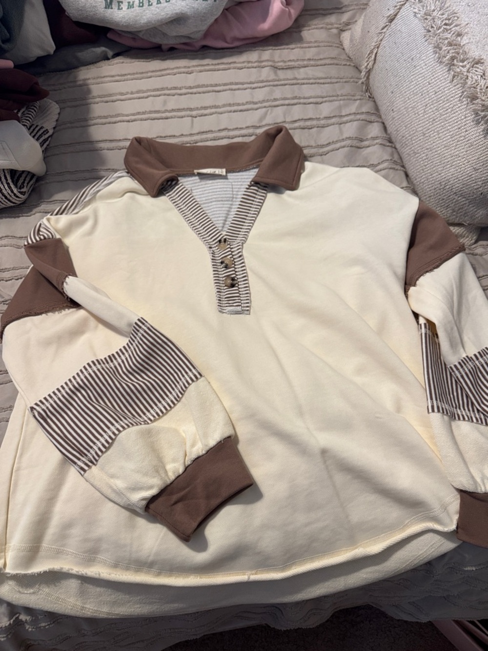 Cream and Brown Striped Polo-Style Long Sleeve Top
